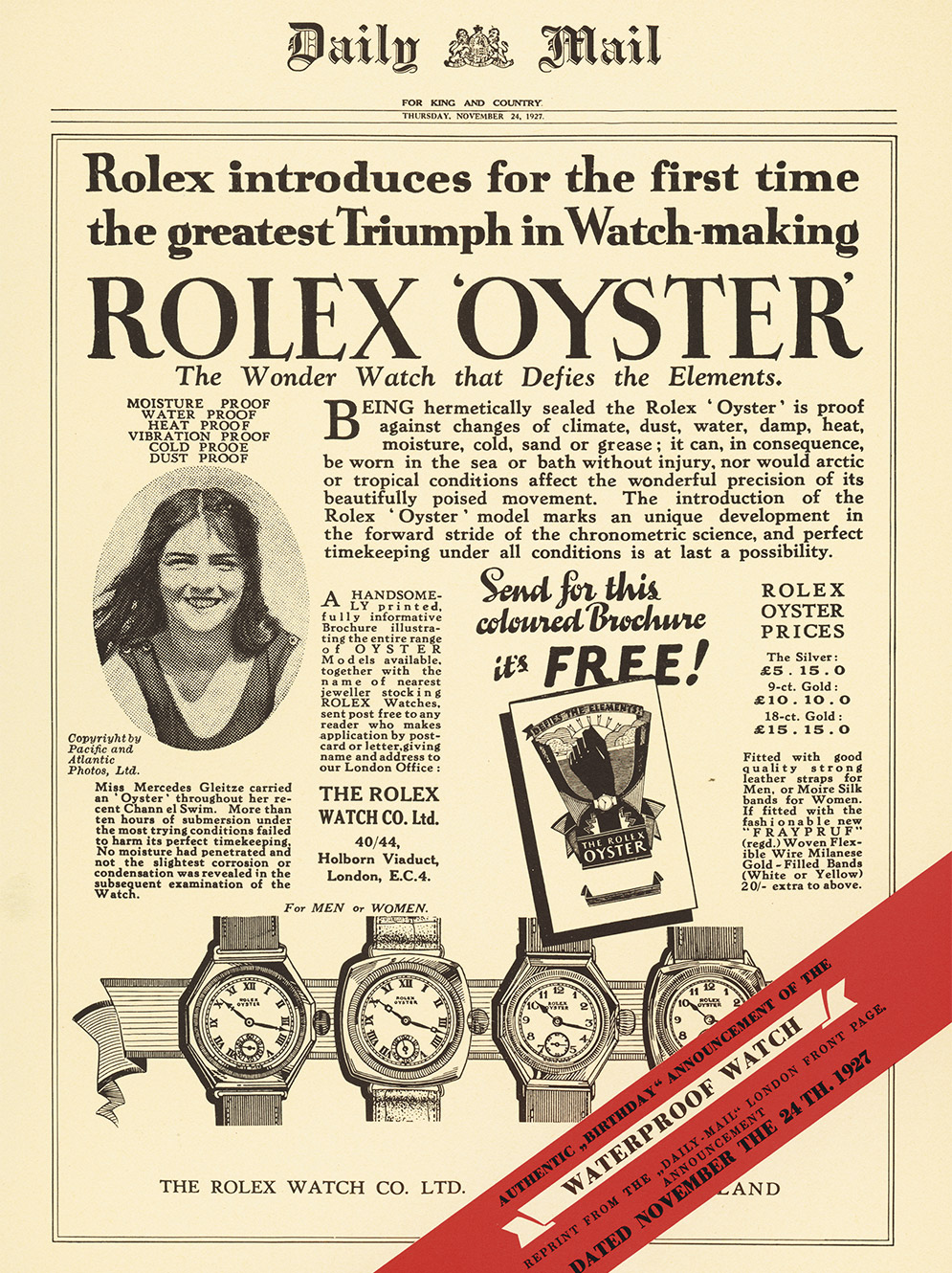 Rolex Oyster Story 1927 Mercedes Gleitze, Juwelier Krebber